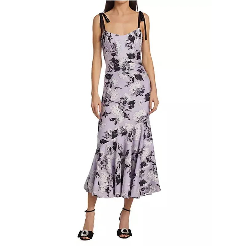 ML MONIQUE LHUILLIER Midi Dress Size 8 Purple Black Floral Jacquard Flounce Casual midi dresses