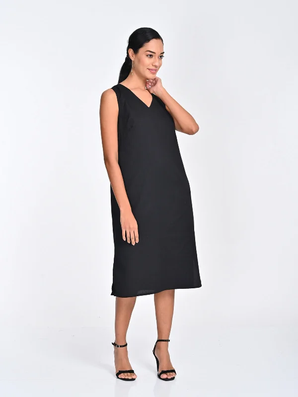 Tencel Solid Black Sleeveless Midi Dress Best midi dresses for hourglass body shape