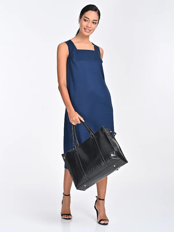 Tencel Solid Navy Blue Square Neck Midi Dress Best midi dresses for plus size