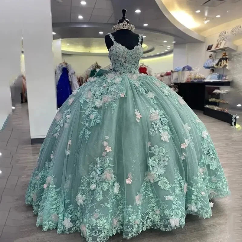 Sage Green Princess Ball Gown Quinceanera Dresses Spaghetti Strap 3DFlowers Appliques Sweet 16 Dress Lace-Up Vestidos De 15 Años Lace Dress Party