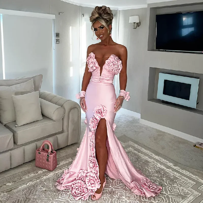 Satin Evening Dresses Pink Deep V Neck Side Slit Mermaid Sexy Evening Gowns for Women 3D Flowers Backless Lace Up Prom Dress Lace Skater Dress