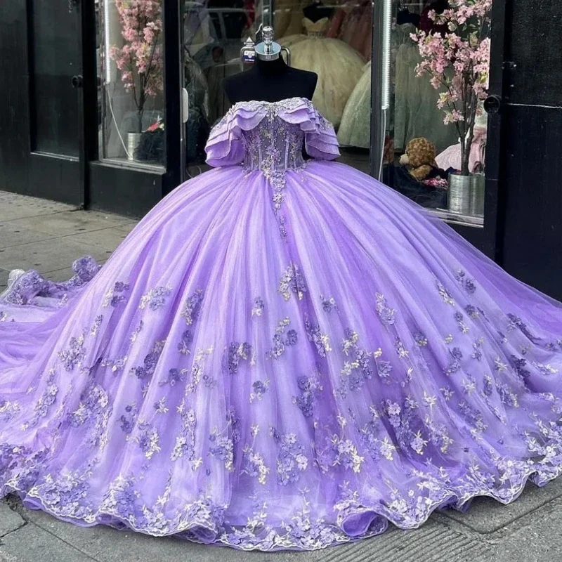 Saudi Arabic Princess Lilac Quinceanera Dresses 2024 Flowers Sweet 16 Dress Ball Gown Part Prom Wear Lace Up vestidos de 15 14 Lace Dress Sparkle