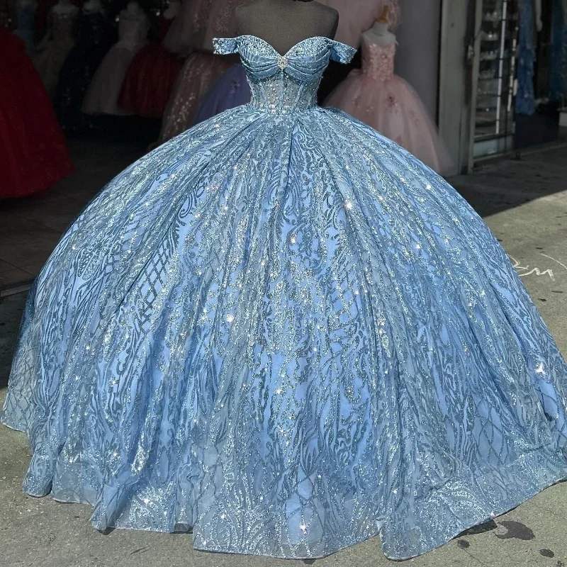 Sparkly Sky Blue Princess Quinceanera Dresses Off Shoulder Ball Gown Glitter Appliques Lace Crystals Beads Tull Sweet 15th Dress Lace Gown Glam