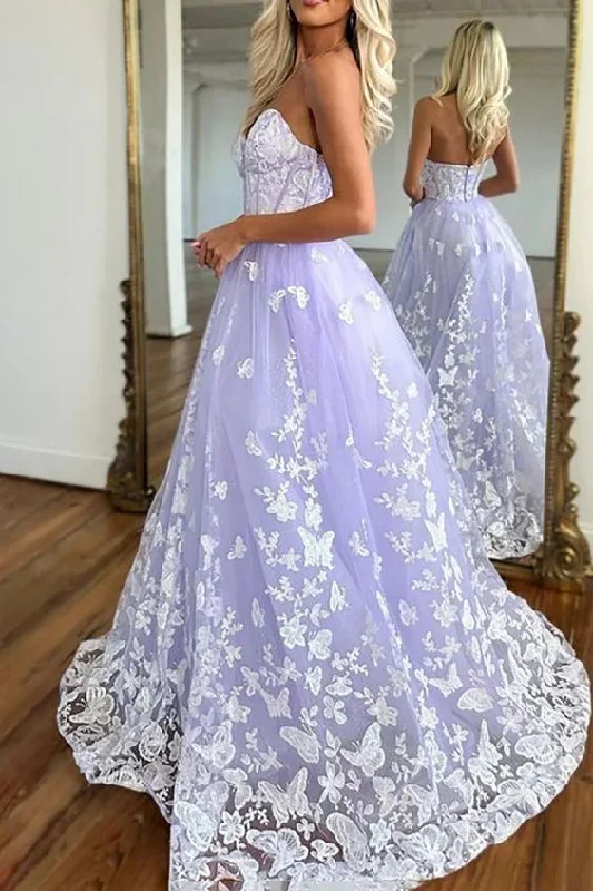 Strapless Purple Lace Long Prom Dress, Sweetheart Neck Purple Formal Dress, Purple Lace Evening Dress Lace Dress Sleek