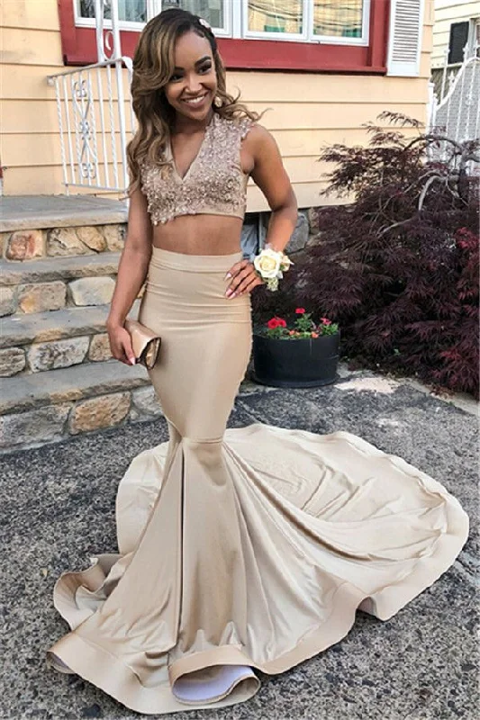 Two Pieces V-Neck Straps Sleeveless Lace Appliques Sexy Mermaid Floor-Length Prom Dresses Lace Dress Accent